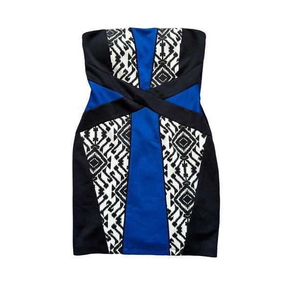 Fable Bodycon Dress Size‎ Large Black Blue White Aztec Print L - Picture 1 of 7